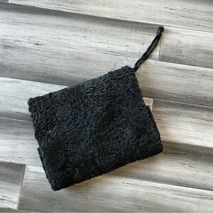 Vintage Black Fur Front Satin Lined Muff Wristlet Clutch
